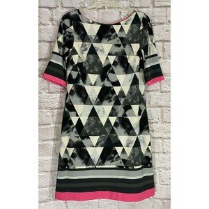 Eliza J Dress SZ 6 Stretch Pink Black Geometric Exposed Zipper Half Sleeve 8483